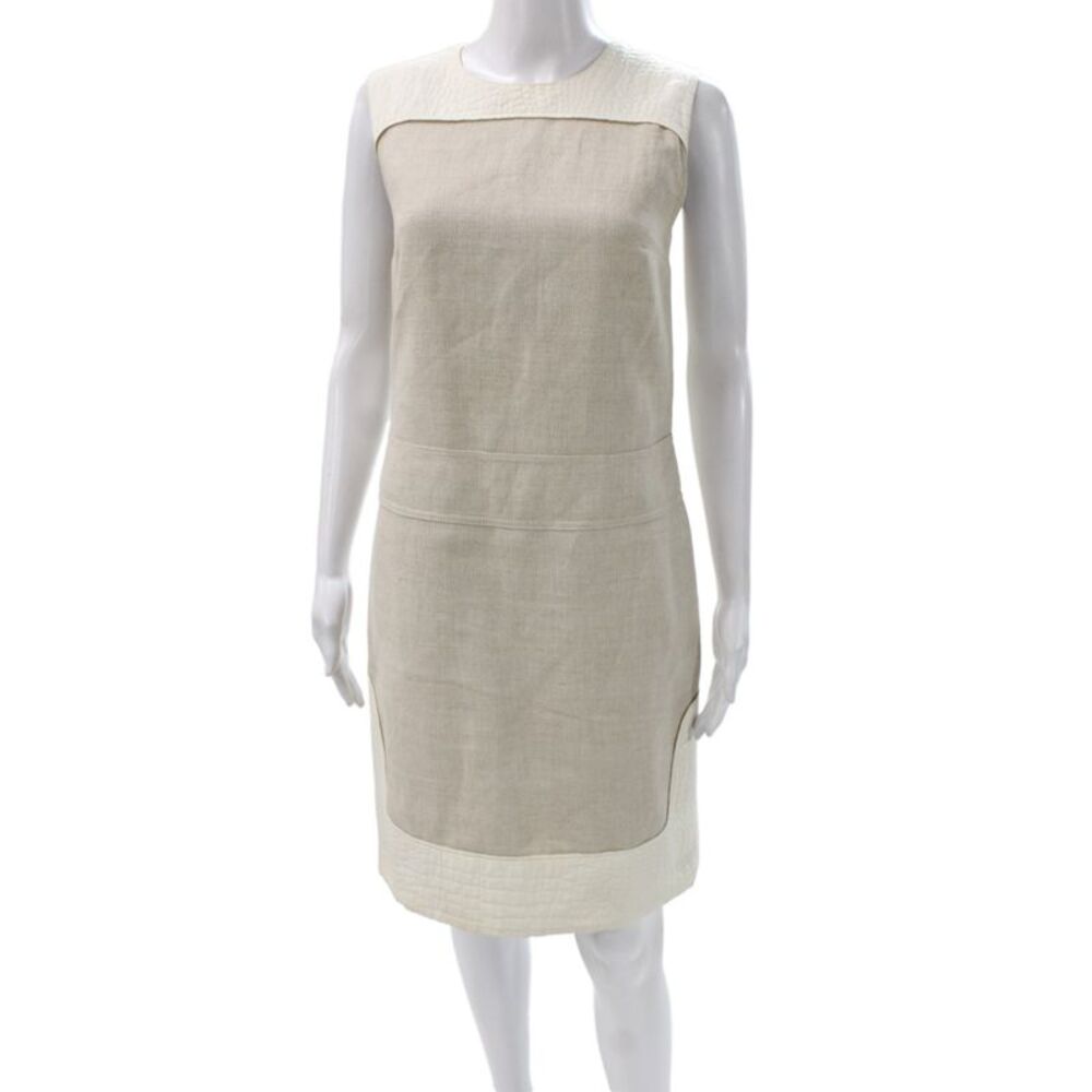 Longchamp Women Shift Dress Beige Linen Sleeveless Zip Colorblock Size 6